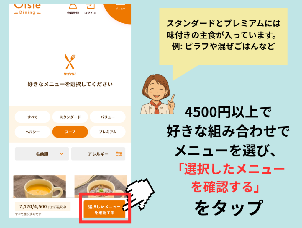 オイシエダイニングでスタンダード・バリュー・ヘルシー・プレミアム・スープなどのカテゴリからメニューを選び、「選択したメニューを確認する」をタップする画面。