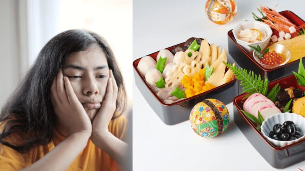 おせちに飽きて困っている女性とおせち料理の写真