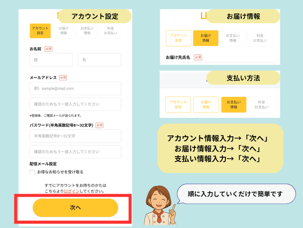イフミールの注文画面。アカウント情報・お届け先情報・支払い方法を順番に入力して進む手順を説明する図解