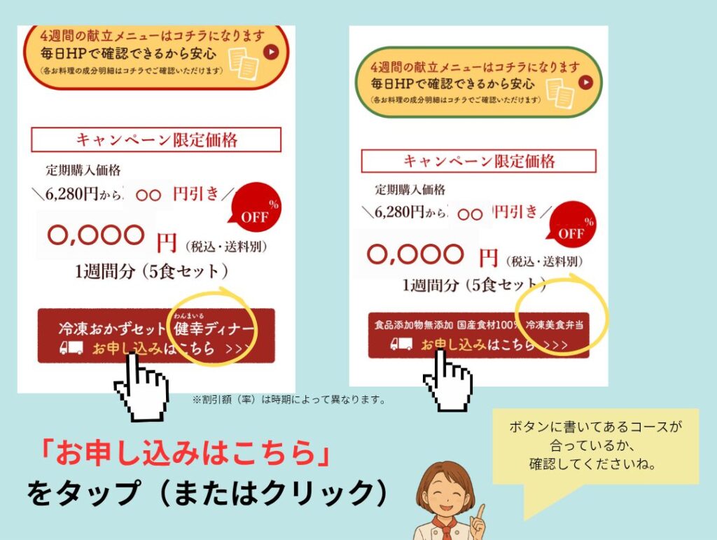 わんまいるの注文手順ステップ3。健幸ディナーまたは美食弁当の『お申し込みはこちら』ボタンを選んでタップする案内画像。コース表示が正しいか確認するよう説明している。
