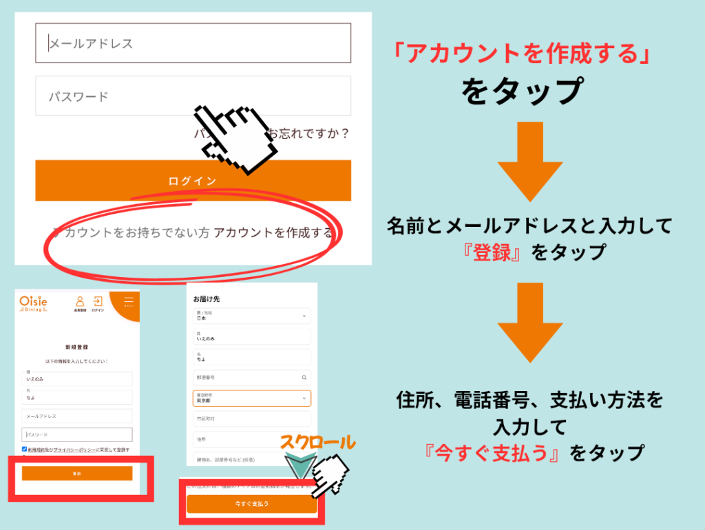 オイシエダイニングでアカウントを作成し、名前・住所・支払い方法を入力して「今すぐ支払う」をタップする手順を説明した図。