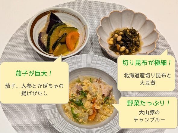 大山豚とキャベツのチャンプルー、茄子・人参・かぼちゃの揚げびたし、北海道産切り昆布と大豆煮の3品を並べた盛り付け写真。茄子の大きさや野菜量がしっかり分かる家庭料理風の和食セット。