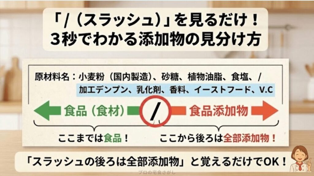 食品表示ラベルの読み方の図解。原材料名にある「/（スラッシュ）」を境に、前が「食品」、後ろが「添加物」であることを示しています。