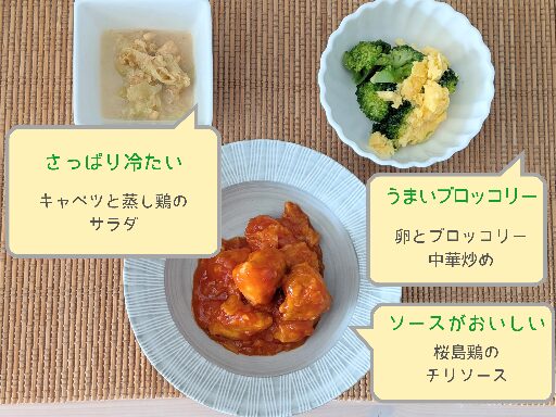 わんまいる健幸ディナーの盛り付け例。主菜は桜島鶏のチリソース、副菜はキャベツと蒸し鶏のサラダ、卵とブロッコリーの中華炒め。チリソースの照り、ブロッコリーの彩り、サラダのさっぱり感が分かる三品構成。