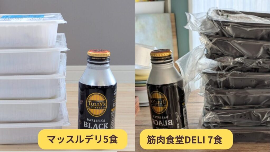マッスルデリ5食分（左）と筋肉食堂DELI7食分（右）の容器を積み上げた比較写真。大きさの目安として、中央にタリーズのブラックコーヒーのボトル缶が置かれている。マッスルデリは白の容器、筋肉食堂DELIは黒の容器で真空パックされている。
