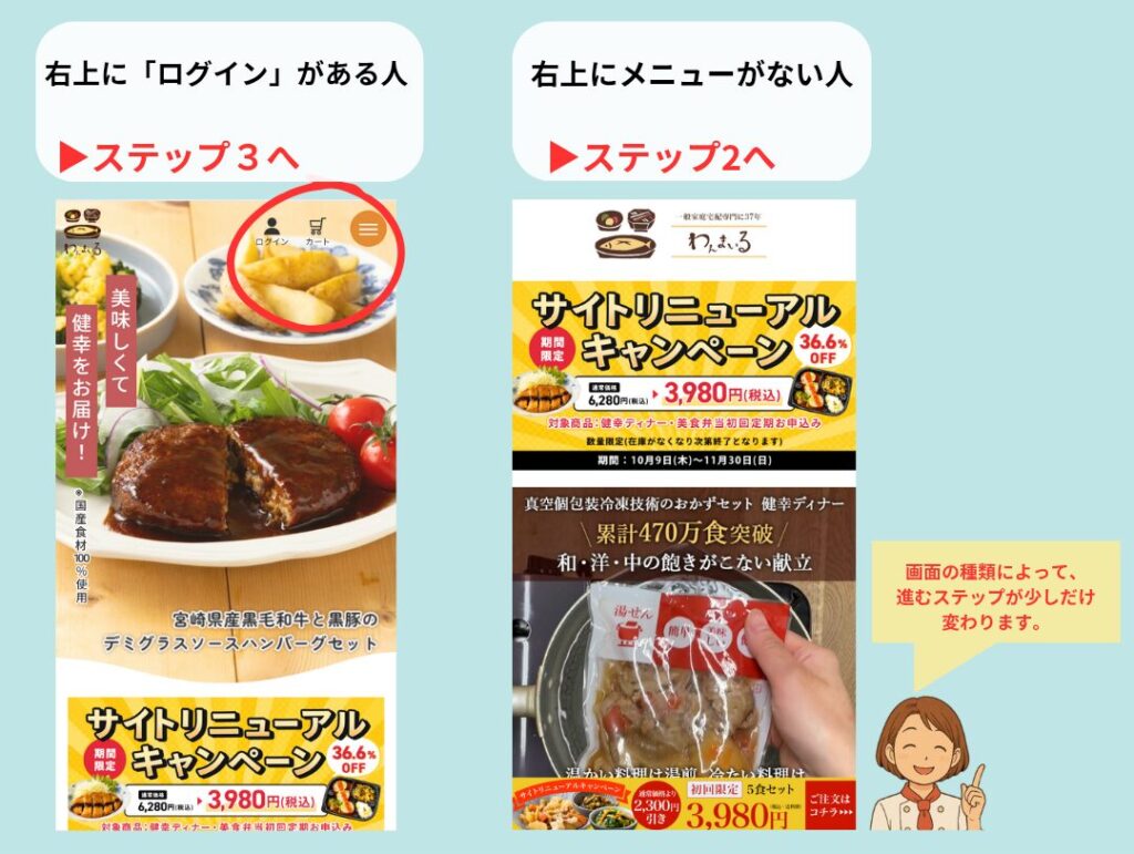 わんまいる公式サイトのスマホ画面比較。右上に「ログイン」がある場合と、メニューが表示されない場合の2パターンを説明し、見る画面によって進むステップが変わることを示した図。