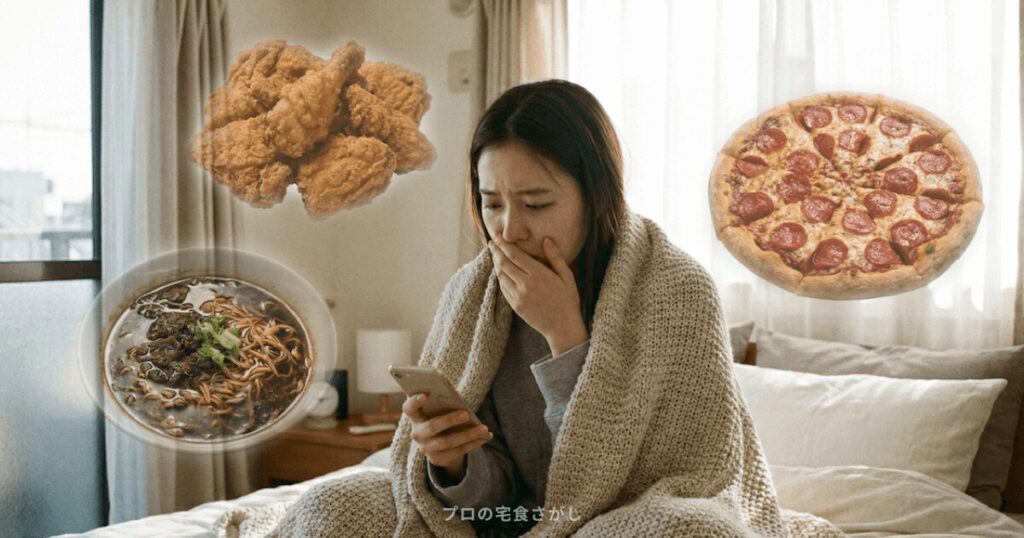 体調不良で寝込んでいる一人暮らしの女性が、スマホを見ながら辛そうな表情で口元を押さえている。周囲には避けるべき脂っこい食事（フライドチキン、ラーメン、ピザ）のイメージが浮かんでいる。
