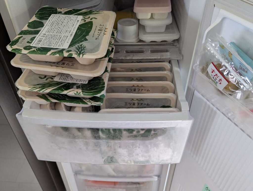 三ツ星ファームの冷凍弁当を冷凍庫に収納した様子、4食入りきらなかった