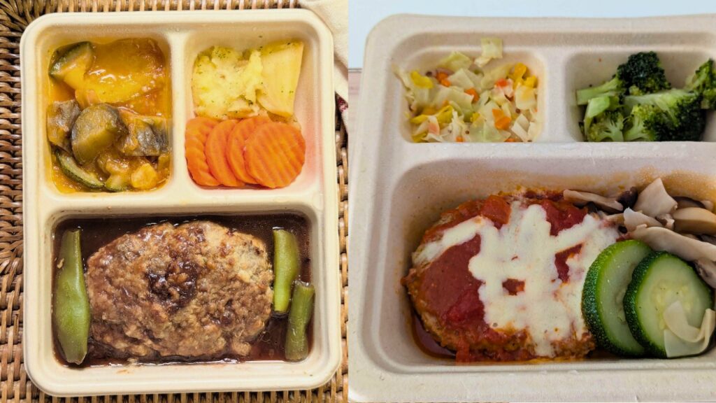 三ツ星ファームとデリピックスのハンバーグ弁当の比較写真。左は玉ねぎソースのハンバーグと温野菜、右はとろけるチーズとトマトソースがのったハンバーグと緑黄色野菜の盛り付け。