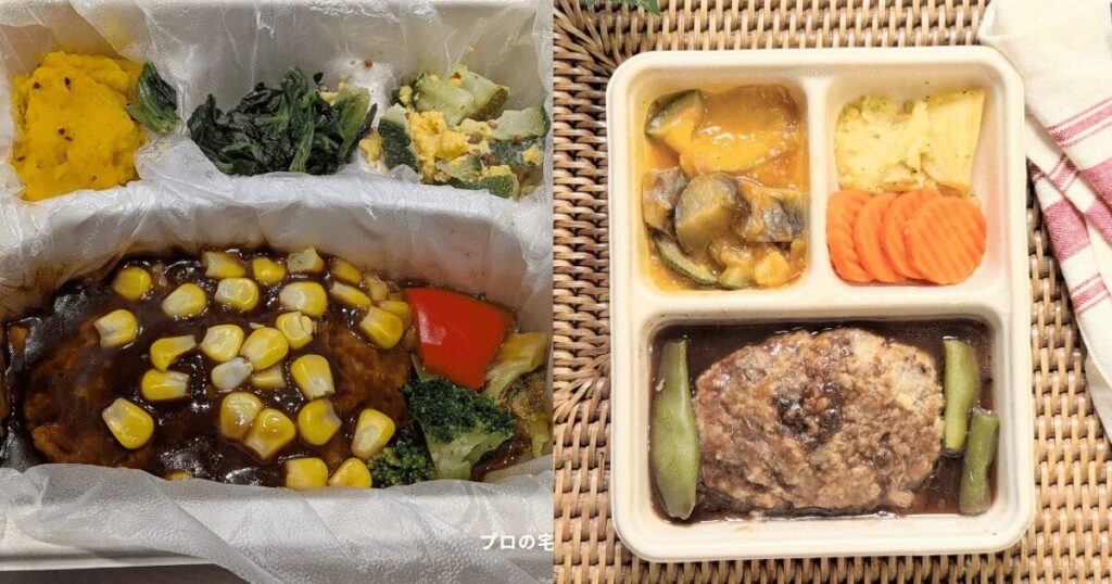 左にナッシュのデミグラスハンバーグ、右にデリピックスのハンバーグ