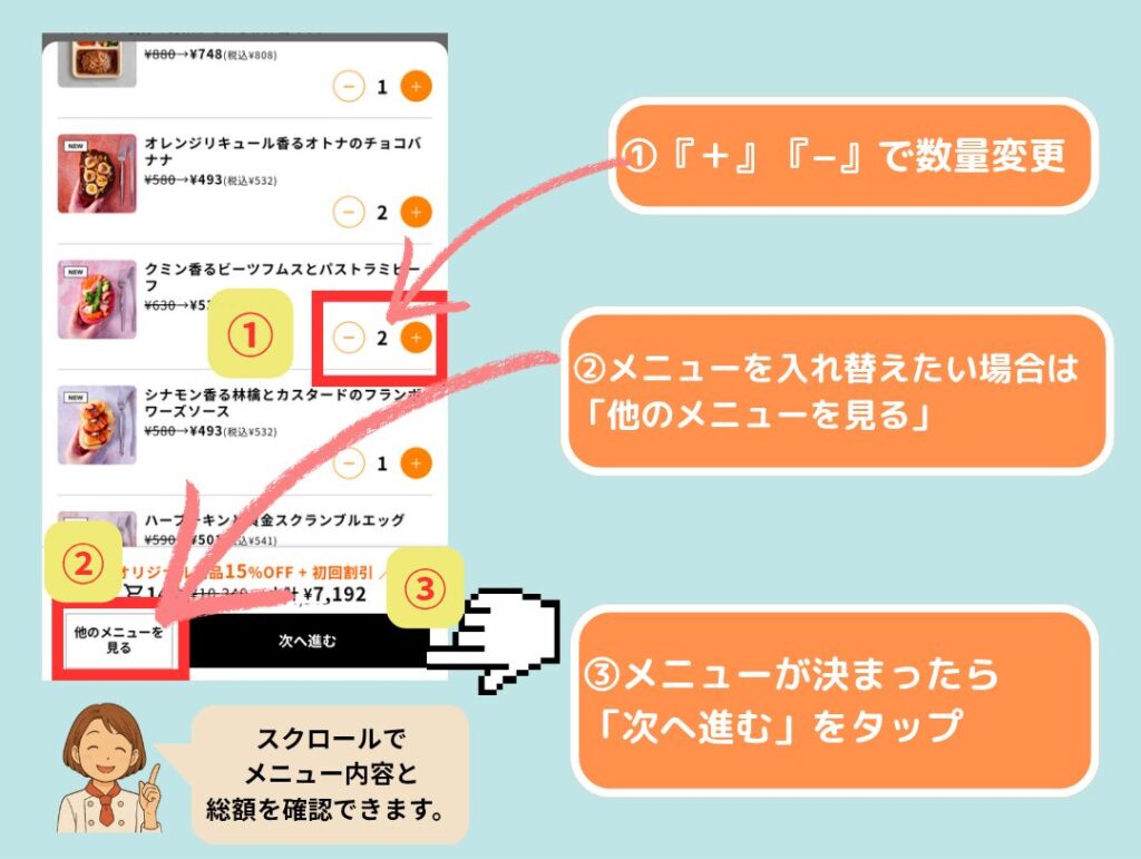 DELIPICKS（デリピックス）の注文画面で、＋−ボタンによる数量変更、他メニューへの入れ替え、「次へ進む」までの流れを解説した画像