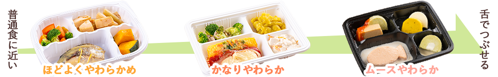 ウェルネスダイニングのやわらか食比較。ほどよくやわらかめ、かなりやわらか、ムースやわらかの3種を画像で比較。