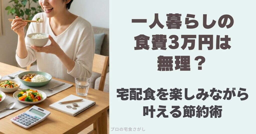 一人暮らしの食費3万円は「無理」？宅配食を楽しみながら叶える節約術と書いたアイキャッチ画像。左側には笑顔で食事する女性とテーブルには電卓が置かれている。