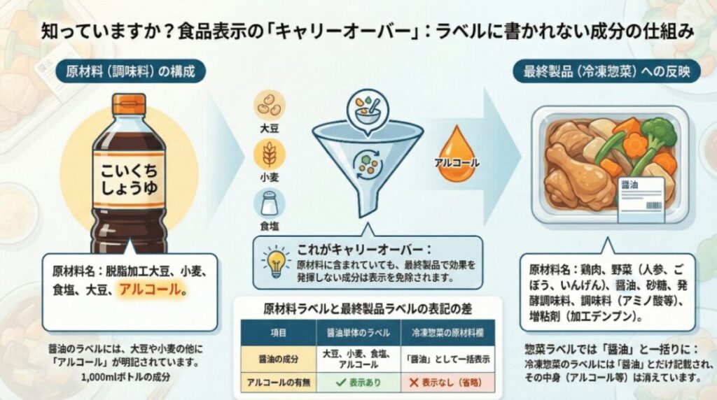 キャリーオーバーの仕組みを醤油を例に解説したインフォグラフィック