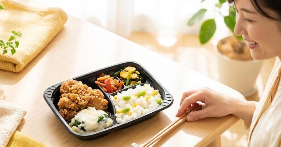 女性がうれしそうにお弁当を食べようとしている。