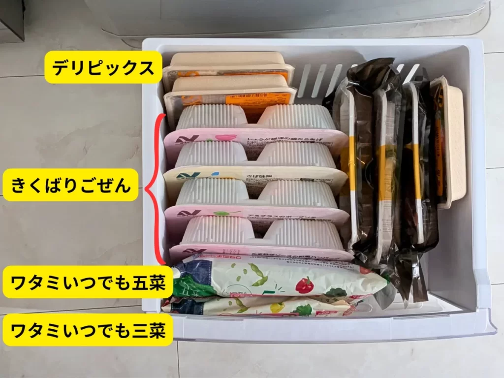 ワタミの宅食ダイレクト、ニチレイきくばりごぜん、デリピックスの冷凍弁当を冷凍庫に入れた収納比較写真