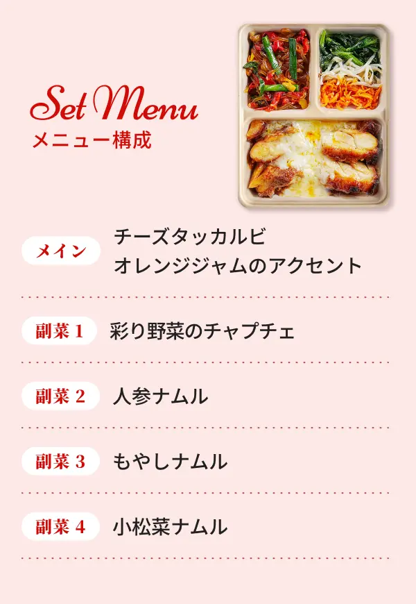 デリピックスチーズタッカルビのスクリーンショット。主菜と副菜の内容が書かれている。